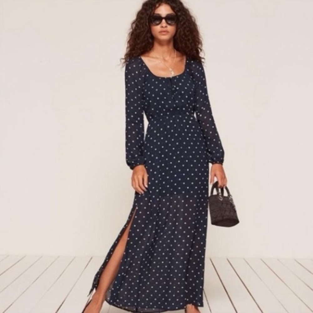 Reformation Navy Polka Dot Long Sleeve Maxi Dress with Side Slit